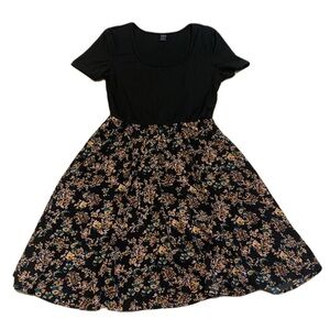 💙 SHEIN Black Ribbed Top Floral Fit & Flare Midi Dress - Size S- NWOT